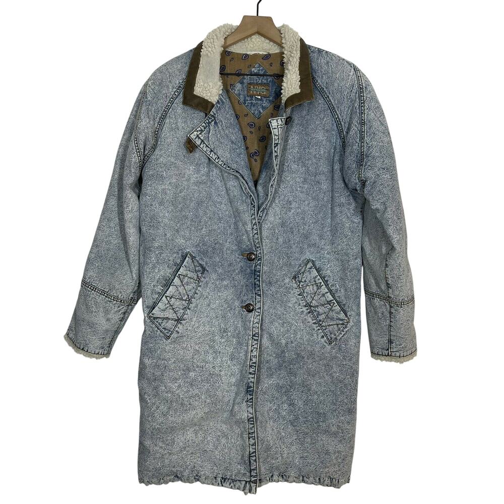 Vintage New York Girl Denim Coat Size Small 90s Oversized Longline Sherpa Collar